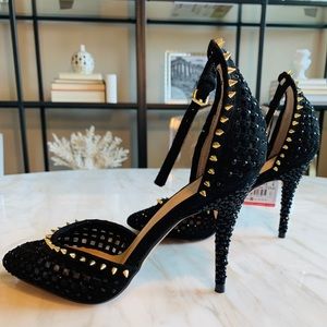 ZARA Black Heels with Spikes & Rhinestone Detail.